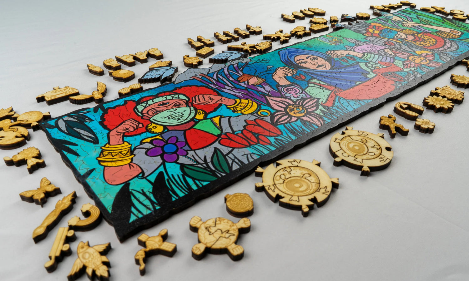 Colorful puzzle with wooden pieces on a white background